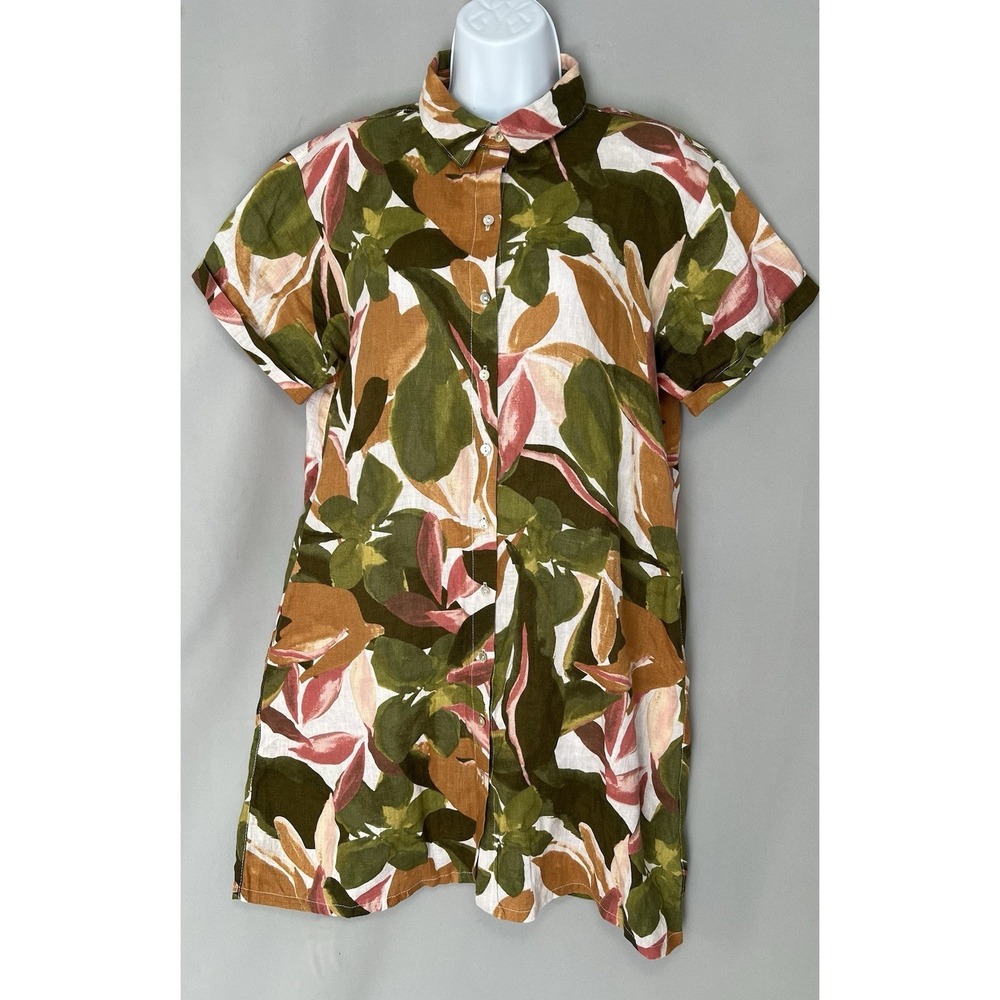 Rachel Zoe Women's 100% Linen Button Down Short Sleeve Shirt Dress Tropical Sz M